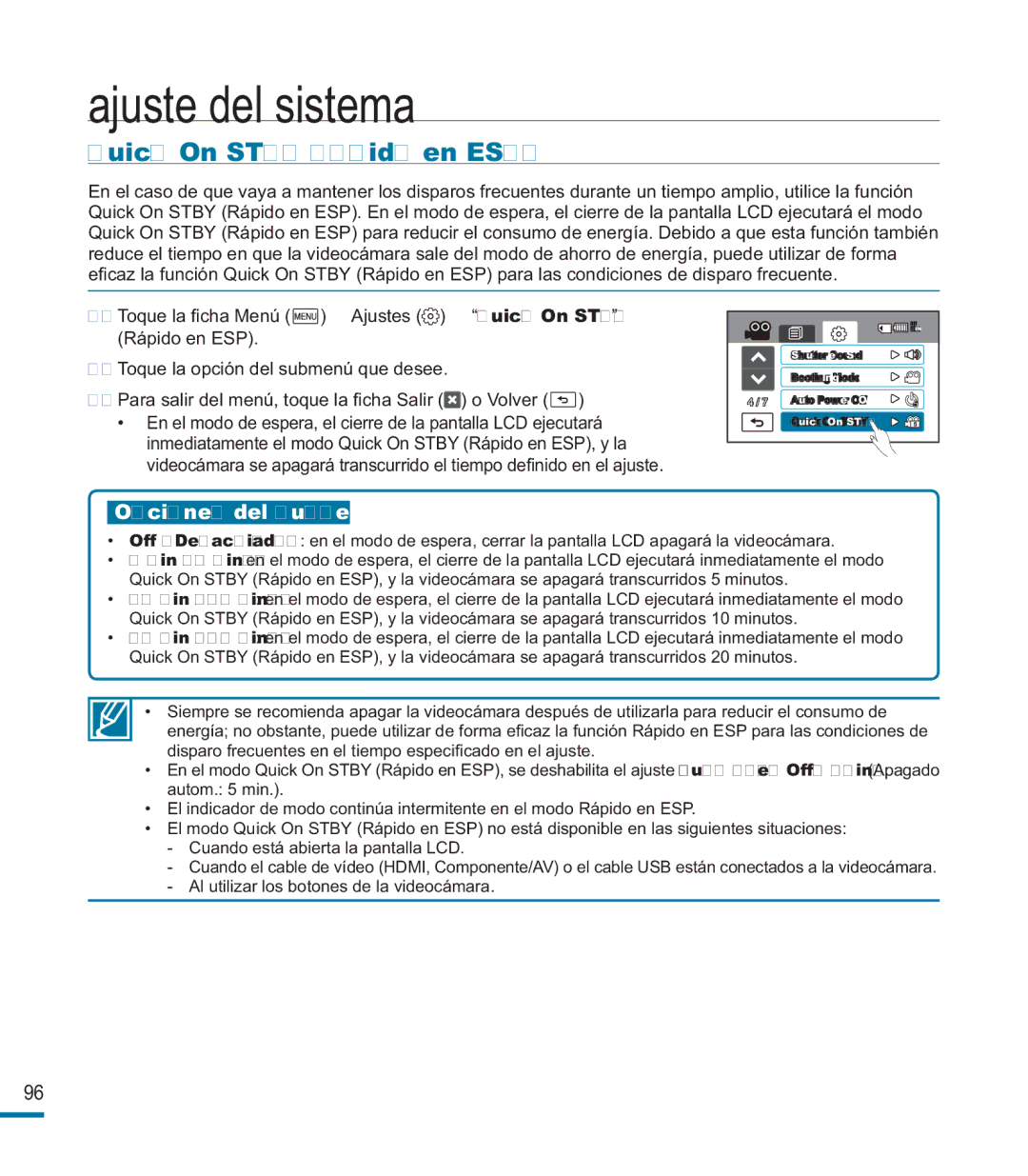 Samsung HMX-M20BP/EDC manual Quick On Stby Rápido en ESP 