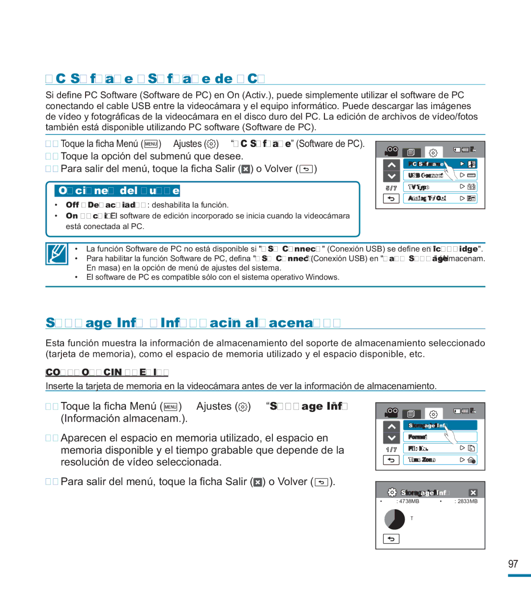 Samsung HMX-M20BP/EDC manual PC Software Software de PC, Storage Info Información almacenam 