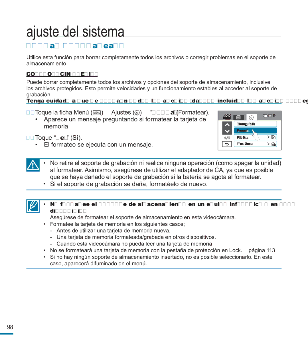 Samsung HMX-M20BP/EDC manual Format Formatear, Si el soporte de grabación se daña, formatéelo de nuevo 