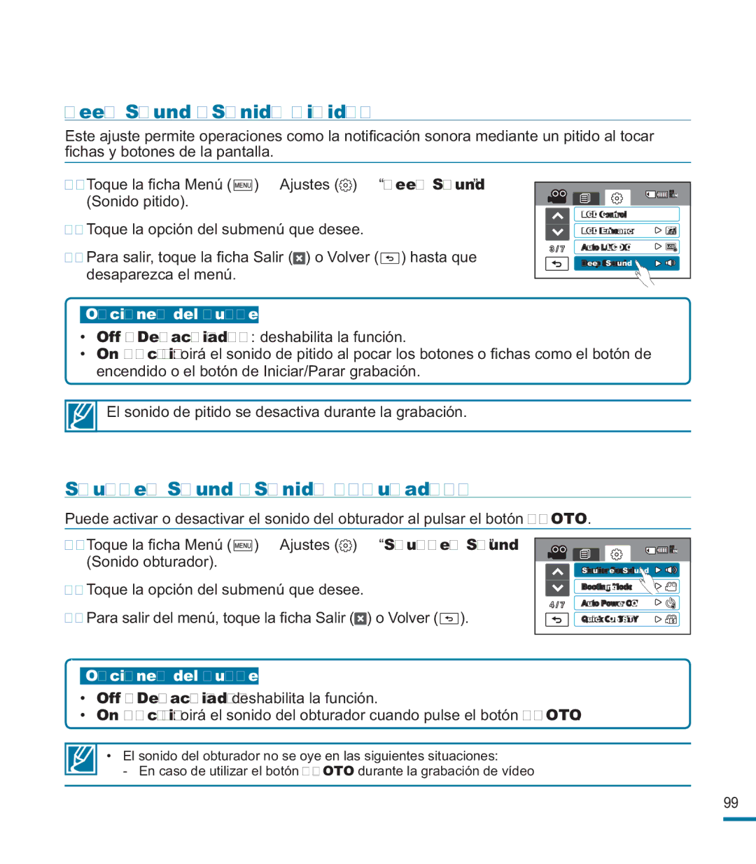 Samsung HMX-M20BP/EDC manual Beep Sound Sonido pitido, Shutter Sound Sonido obturador 