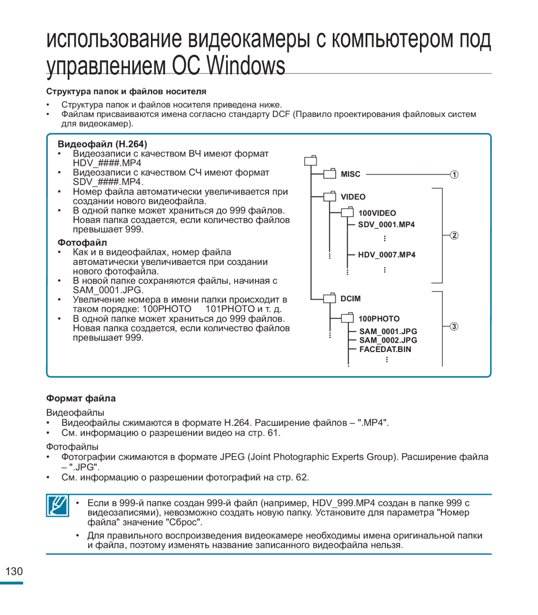 Samsung HMX-M20BP/XER manual Структура папок и файлов носителя, Видеофайл H.264, Фотофайл, Формат файла 