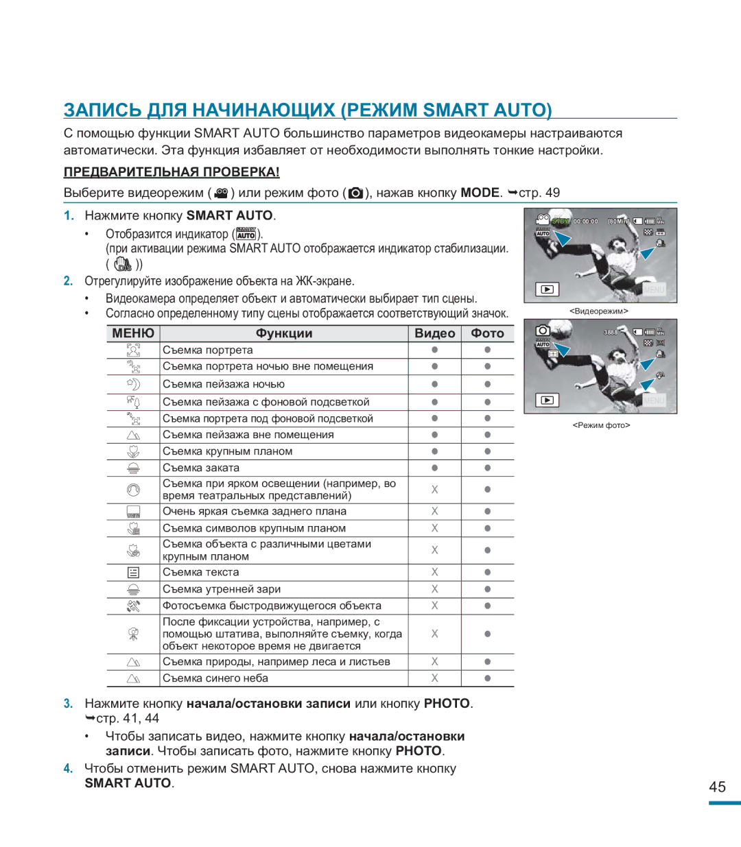 Samsung HMX-M20BP/XER manual Запись ДЛЯ Начинающих Режим Smart Auto, Функции Видео Фото 