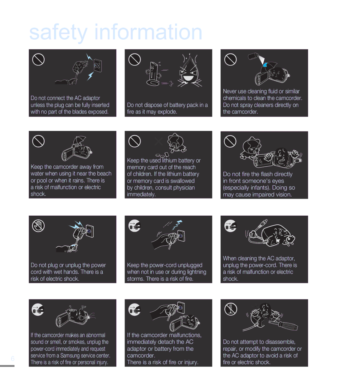 Samsung HMX-M20N, HMX-M20BN user manual Do not dispose of battery pack in a ﬁre as it may explode 