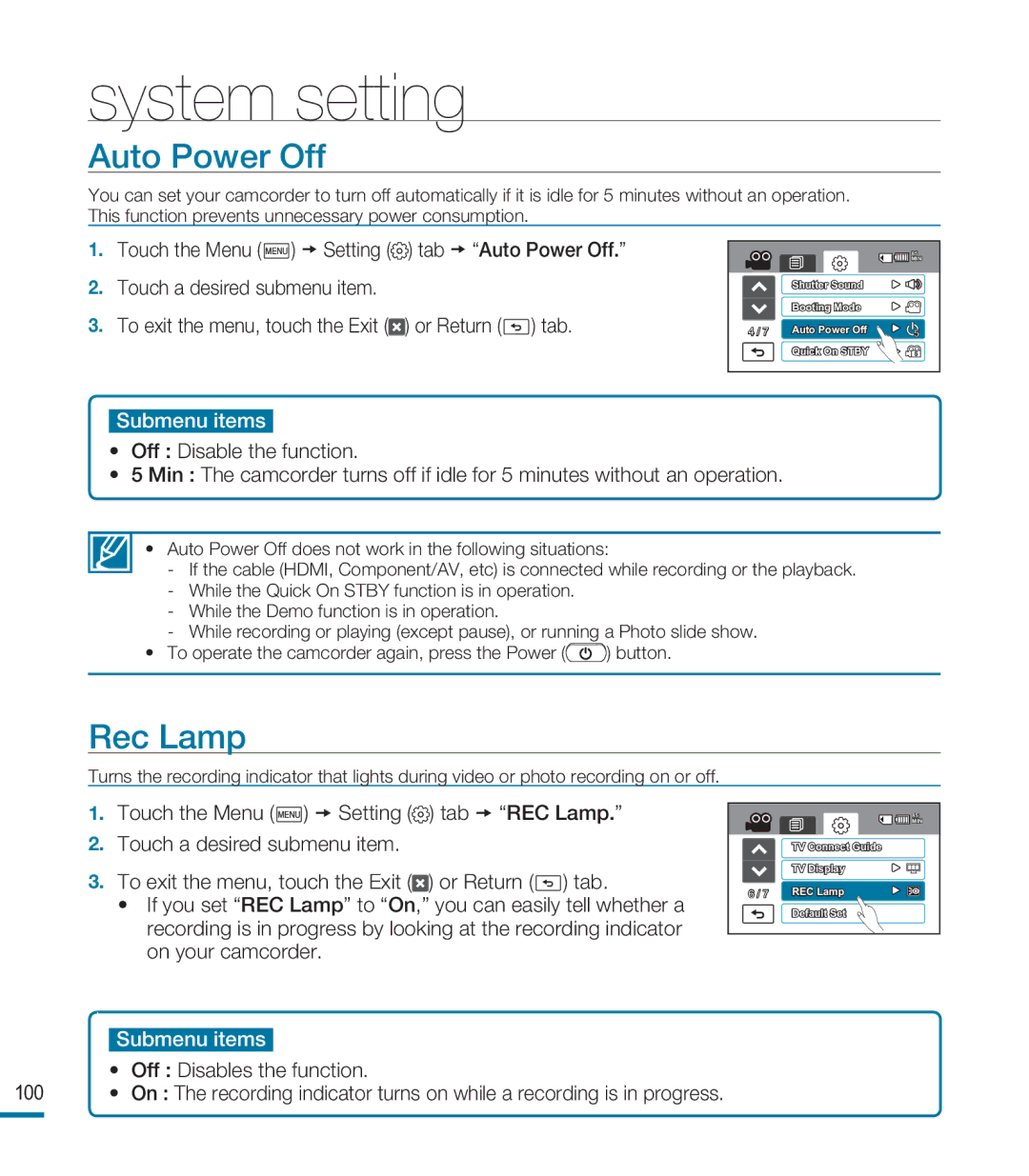 Samsung HMX-M20N, HMX-M20BN user manual Auto Power Off, Rec Lamp 