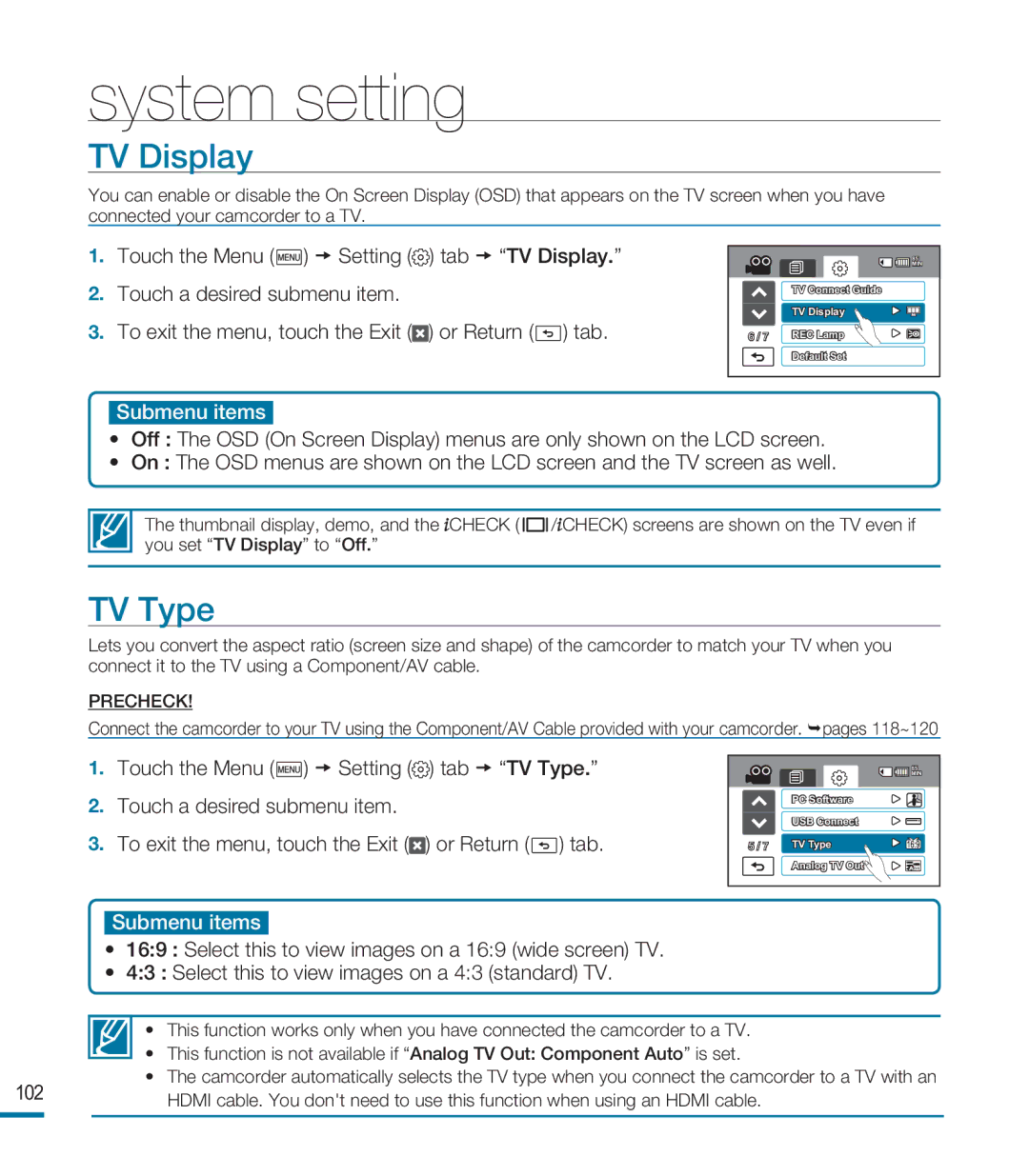 Samsung HMX-M20N, HMX-M20BN user manual TV Display, Touch the Menu Setting Tab TV Type 