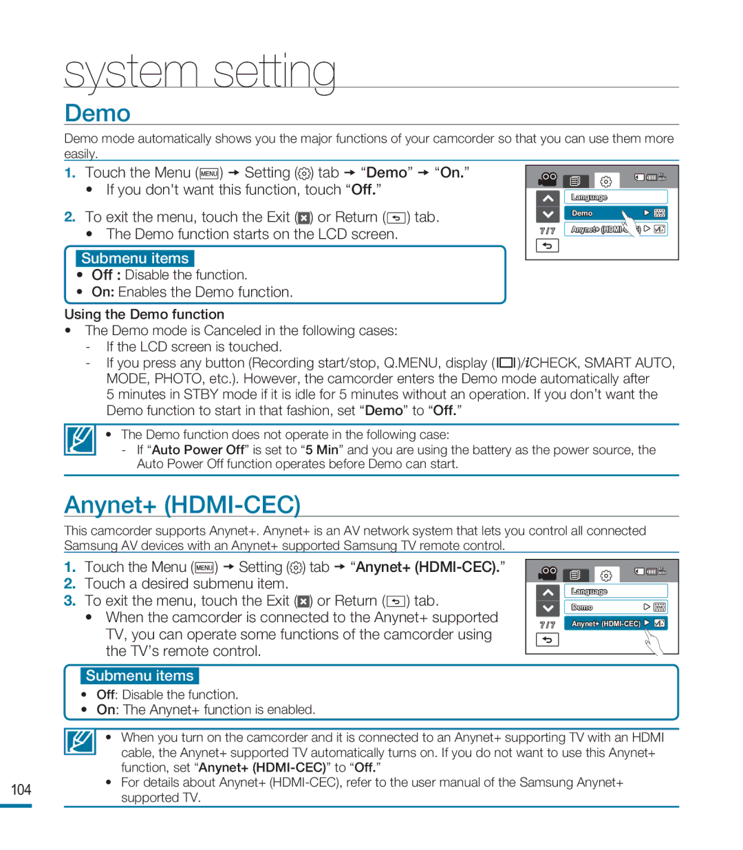 Samsung HMX-M20N, HMX-M20BN user manual Anynet+ HDMI-CEC, On Enables the Demo function 