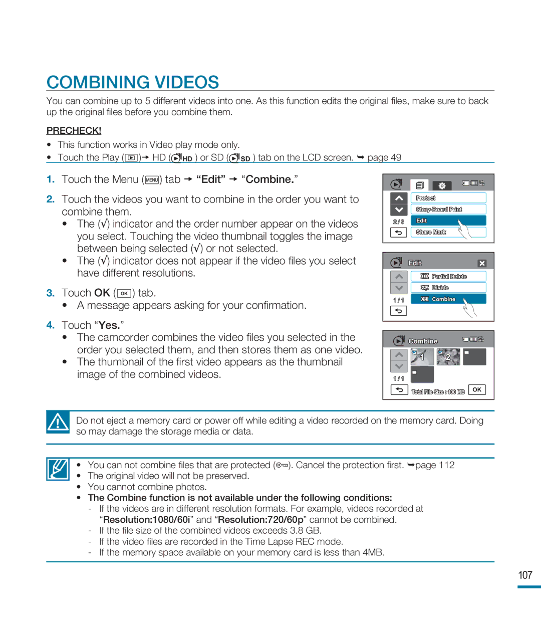 Samsung HMX-M20BN, HMX-M20N user manual Combining Videos, 107 