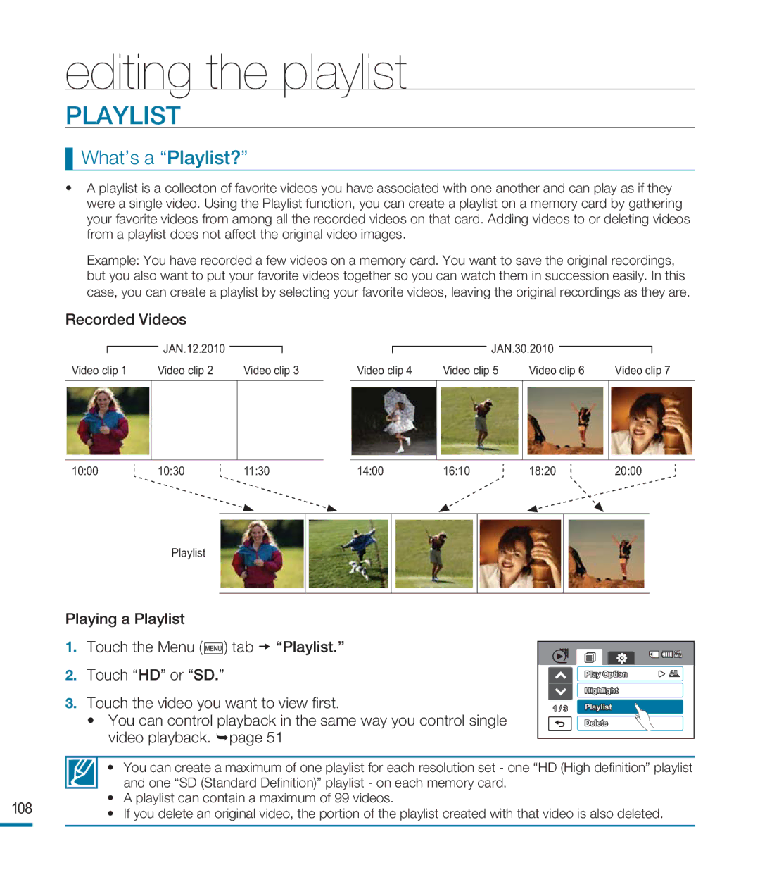 Samsung HMX-M20N, HMX-M20BN user manual Editing the playlist, Playlist, Recorded Videos 