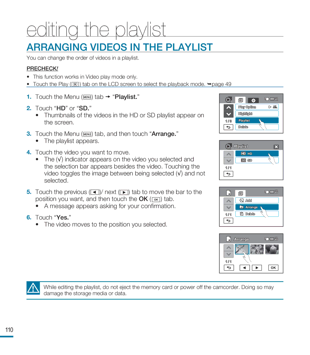 Samsung HMX-M20N, HMX-M20BN user manual Arranging Videos in the Playlist, 110 