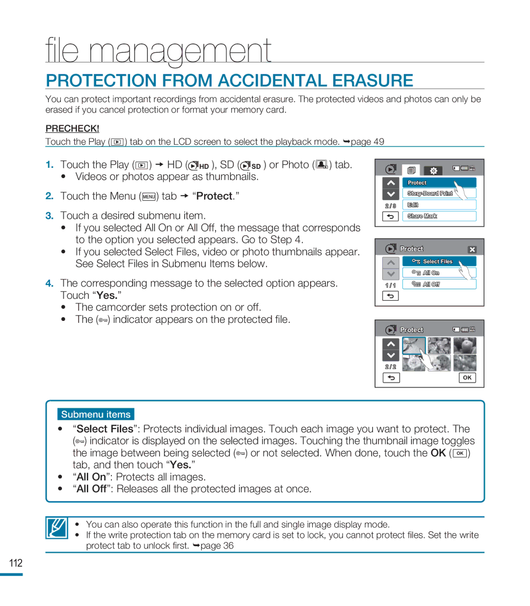 Samsung HMX-M20N, HMX-M20BN user manual ﬁle management, Protection from Accidental Erasure 