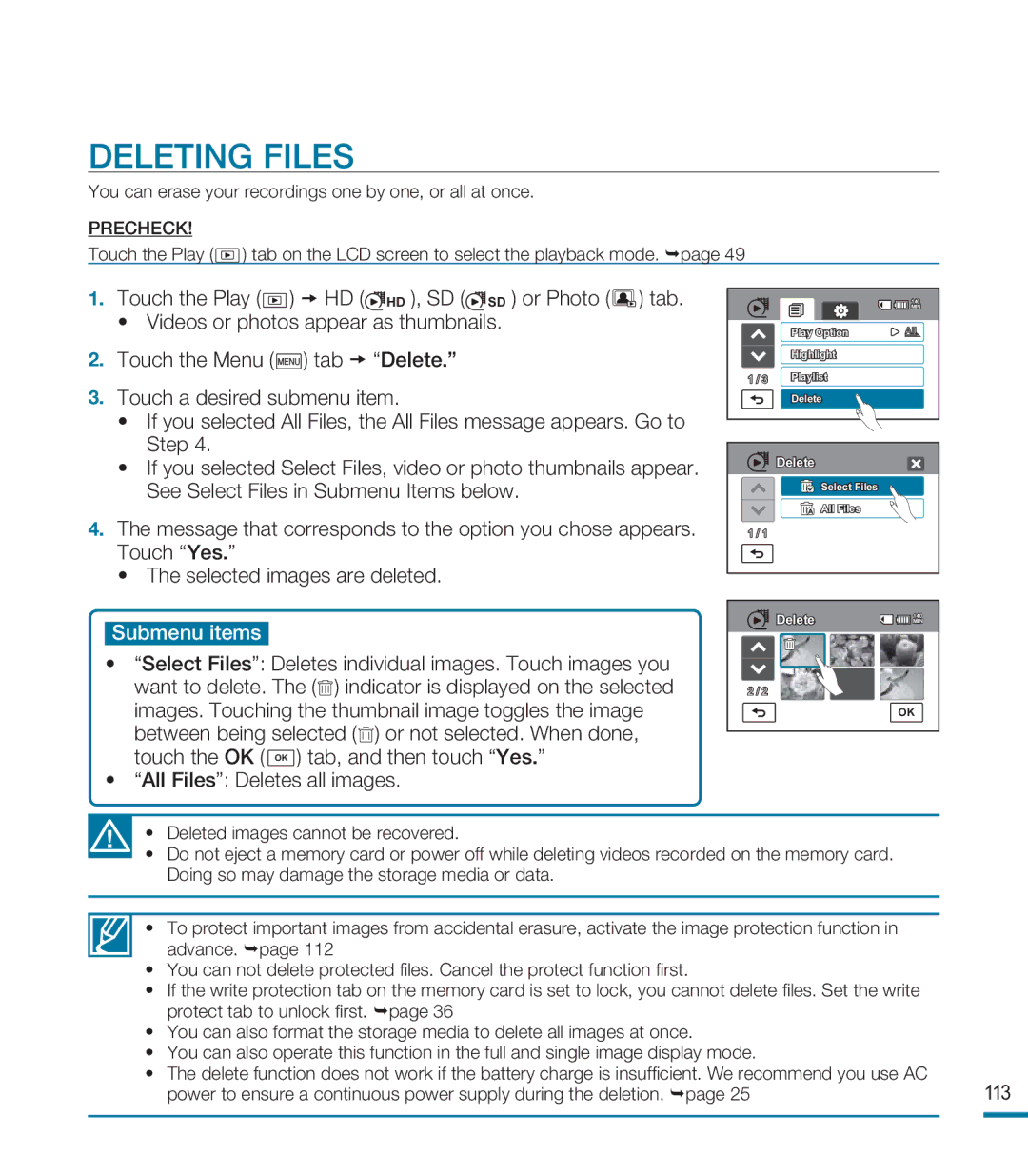 Samsung HMX-M20BN, HMX-M20N user manual Deleting Files, Submenu items 
