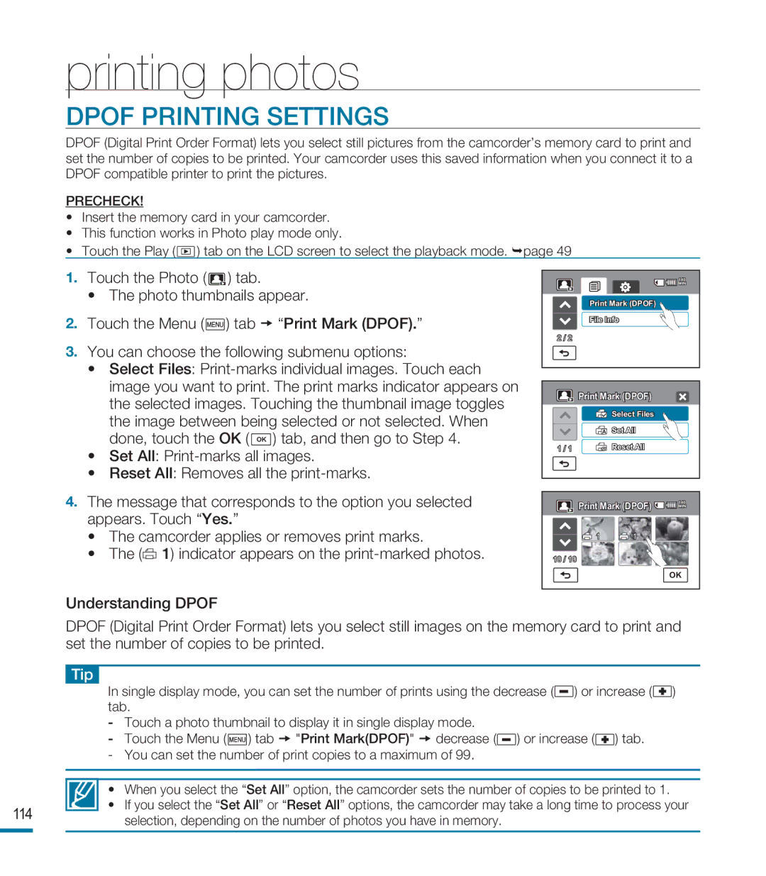 Samsung HMX-M20N, HMX-M20BN user manual Printing photos, Dpof Printing Settings, Tip 
