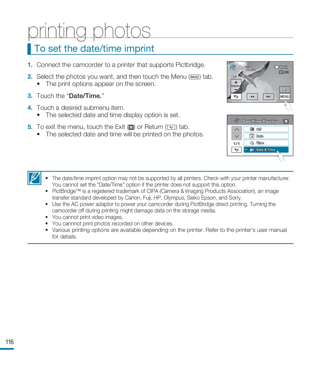 Samsung HMX-M20N, HMX-M20BN user manual To set the date/time imprint, 116 