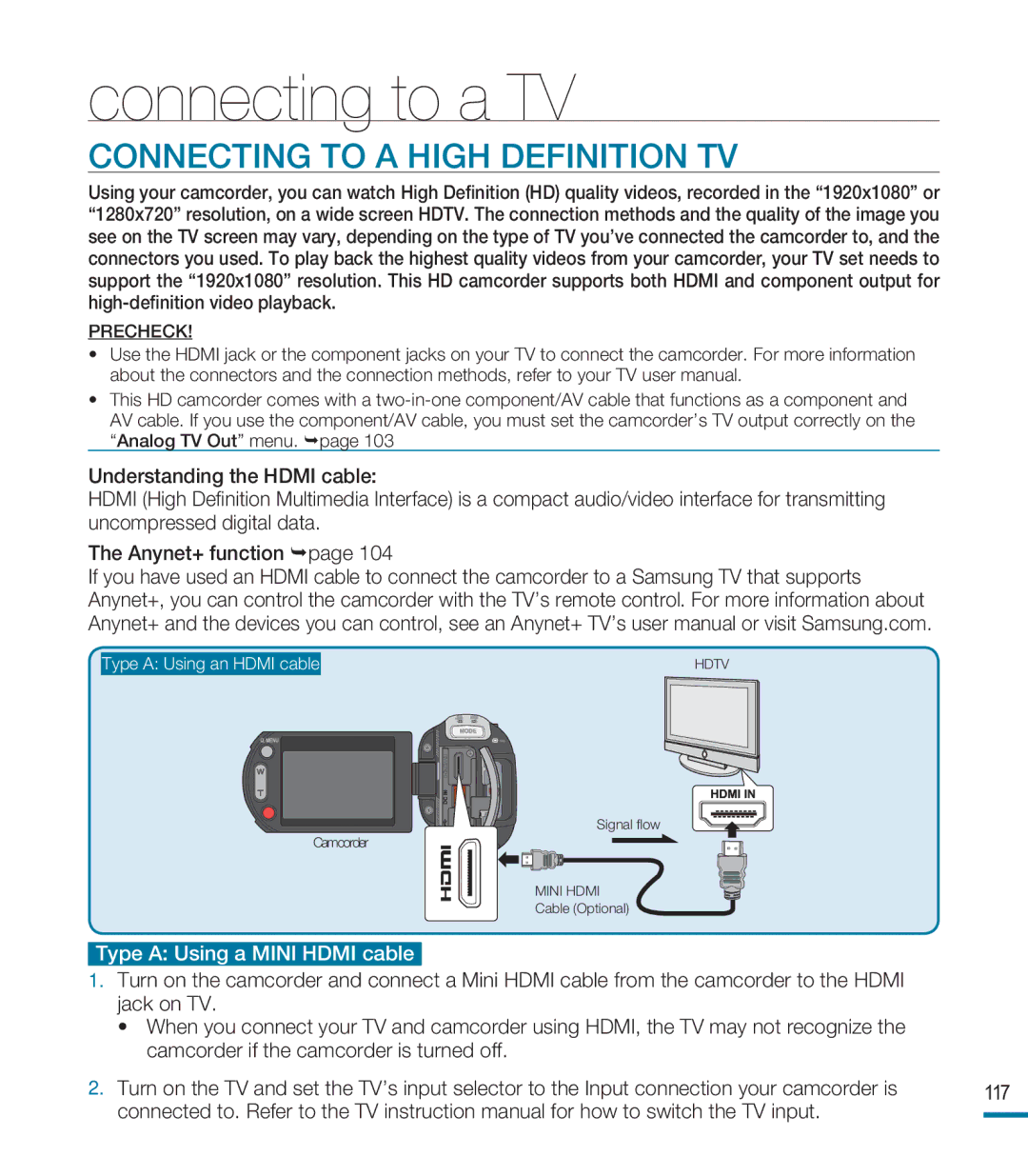 Samsung HMX-M20BN, HMX-M20N user manual Connecting to a High Definition TV, Type a Using a Mini Hdmi cable 