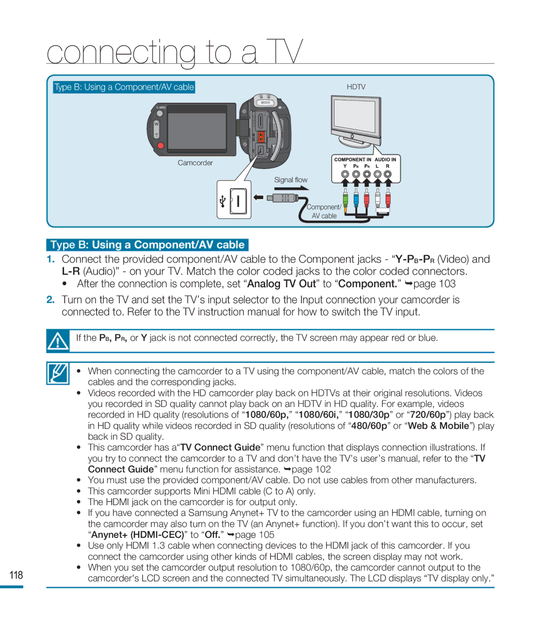 Samsung HMX-M20N, HMX-M20BN user manual Type B Using a Component/AV cable 