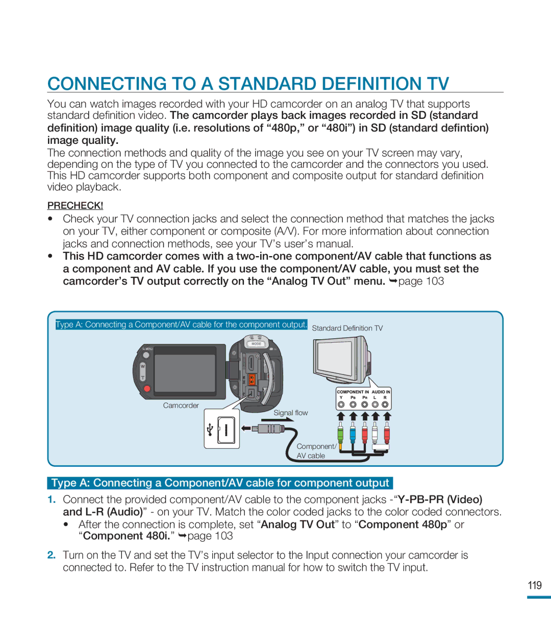 Samsung HMX-M20BN Connecting to a Standard Definition TV, Type a Connecting a Component/AV cable for component output 