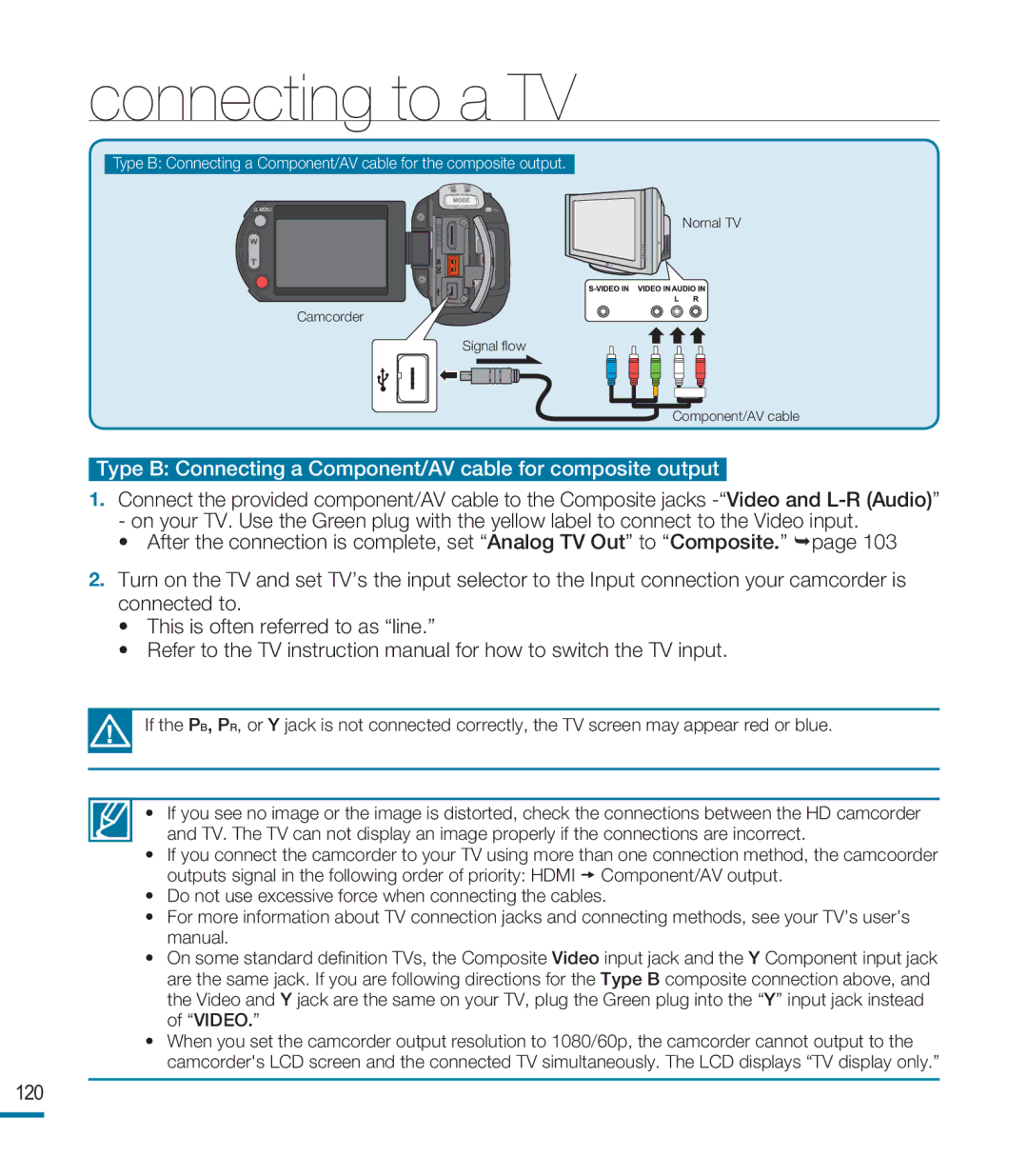 Samsung HMX-M20N, HMX-M20BN user manual Type B Connecting a Component/AV cable for composite output, 120 