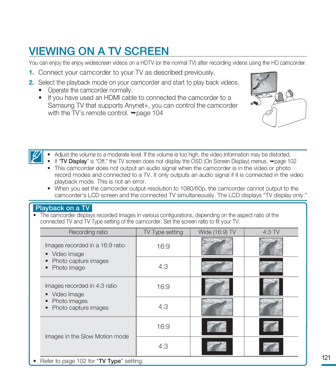 Samsung HMX-M20BN, HMX-M20N user manual Viewing on a TV Screen, Playback on a TV, 169, 121 