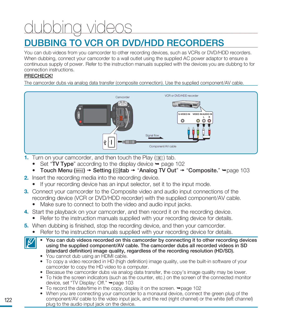 Samsung HMX-M20N, HMX-M20BN user manual Dubbing videos, Dubbing to VCR or DVD/HDD Recorders 