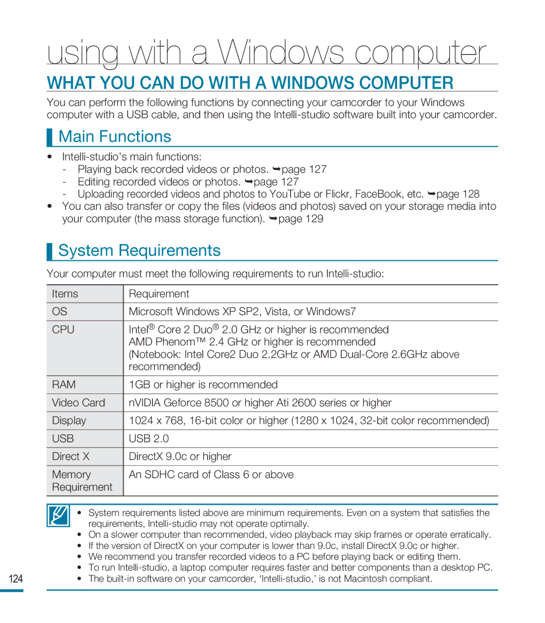 Samsung HMX-M20N, HMX-M20BN user manual What YOU can do with a Windows Computer, Main Functions, System Requirements 