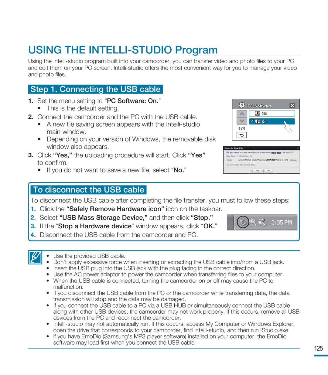 Samsung HMX-M20BN, HMX-M20N user manual Using the INTELLI-STUDIO Program, Connecting the USB cable 