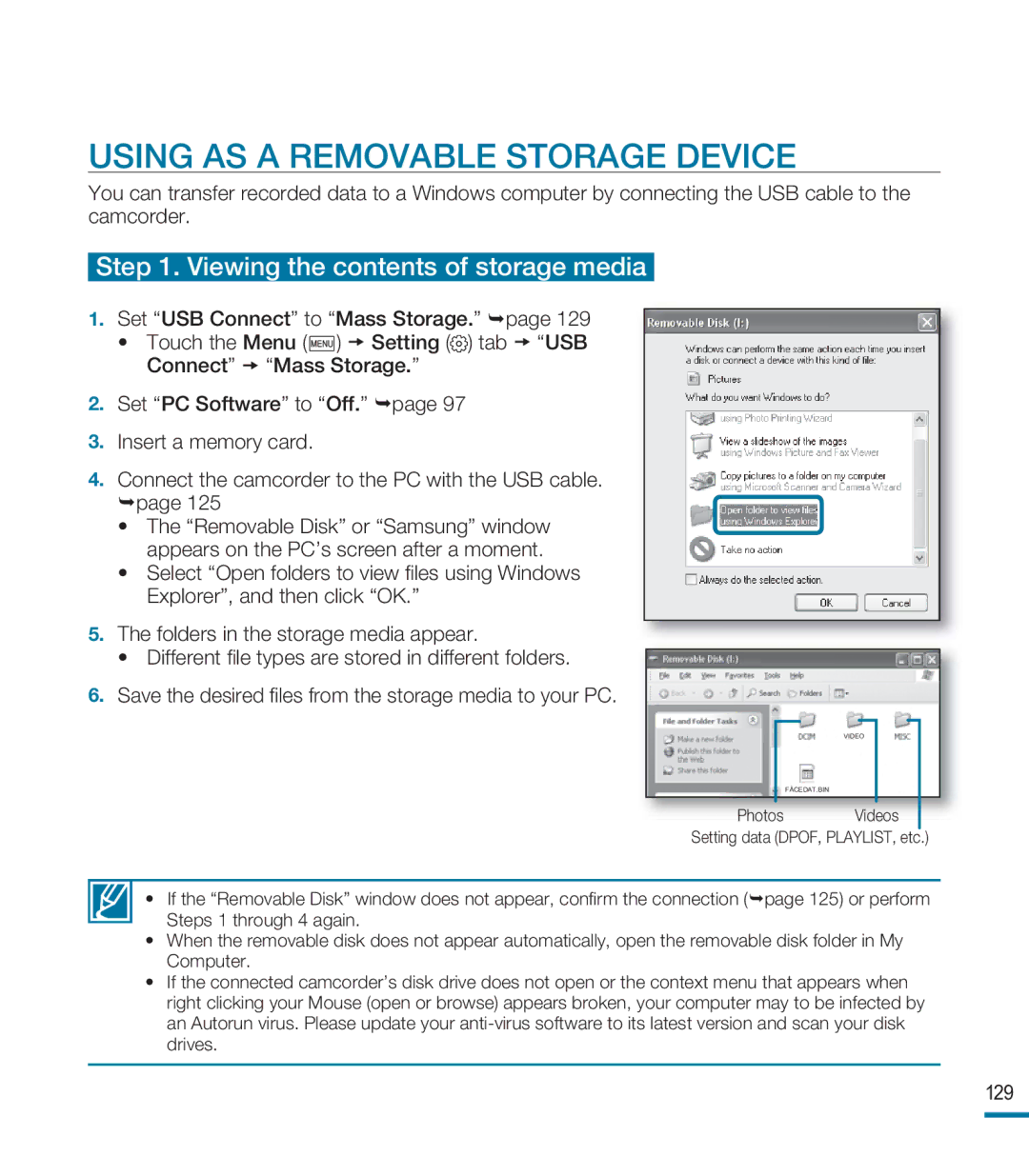 Samsung HMX-M20BN, HMX-M20N user manual Using AS a Removable Storage Device, Viewing the contents of storage media 