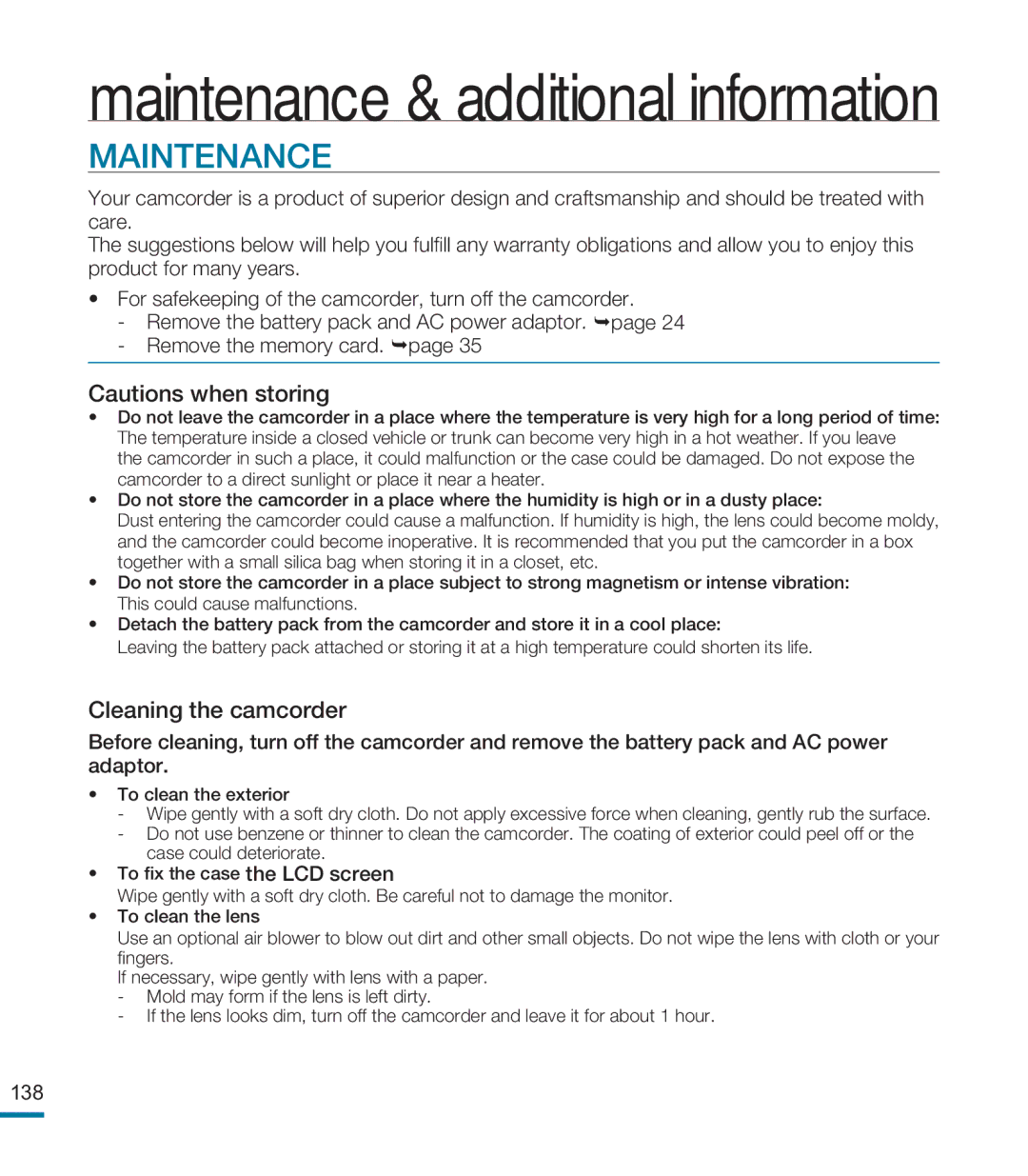 Samsung HMX-M20N, HMX-M20BN user manual Maintenance & additional information 