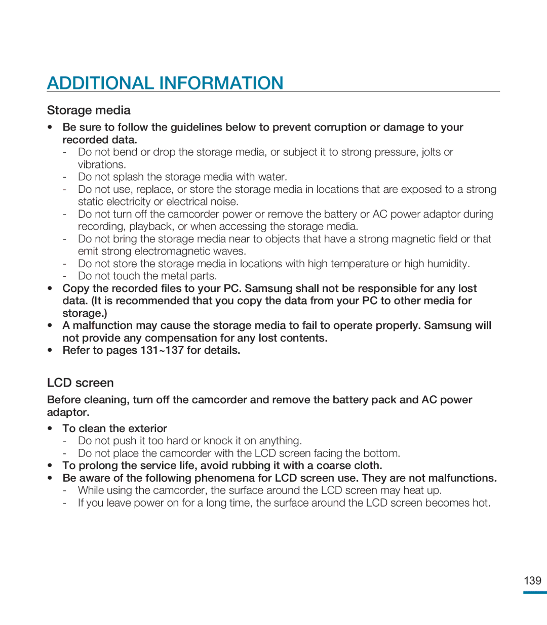 Samsung HMX-M20BN, HMX-M20N user manual Additional Information, Storage media 