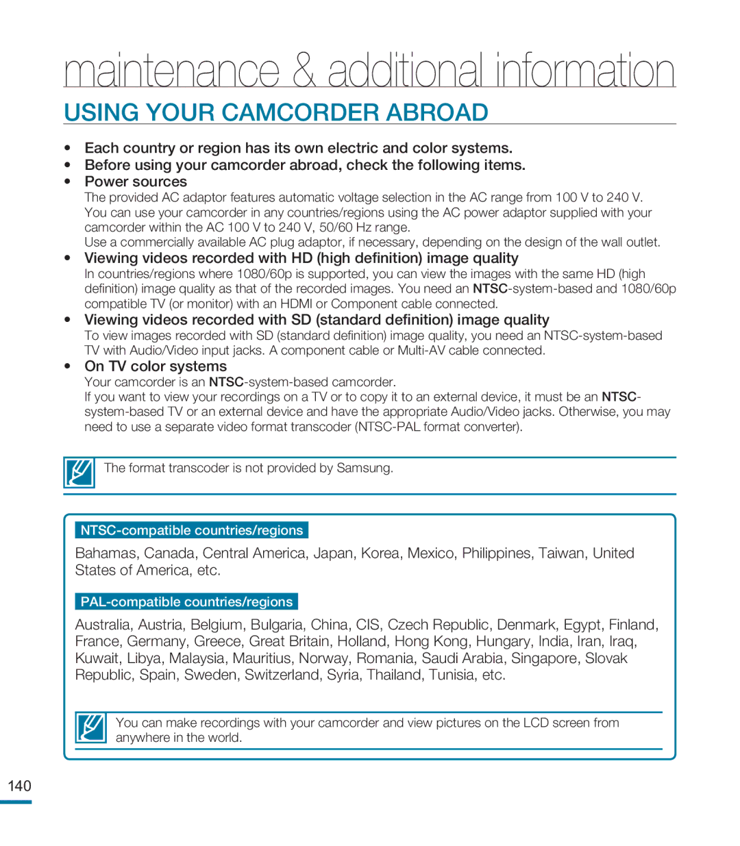 Samsung HMX-M20N, HMX-M20BN user manual Using Your Camcorder Abroad, On TV color systems 