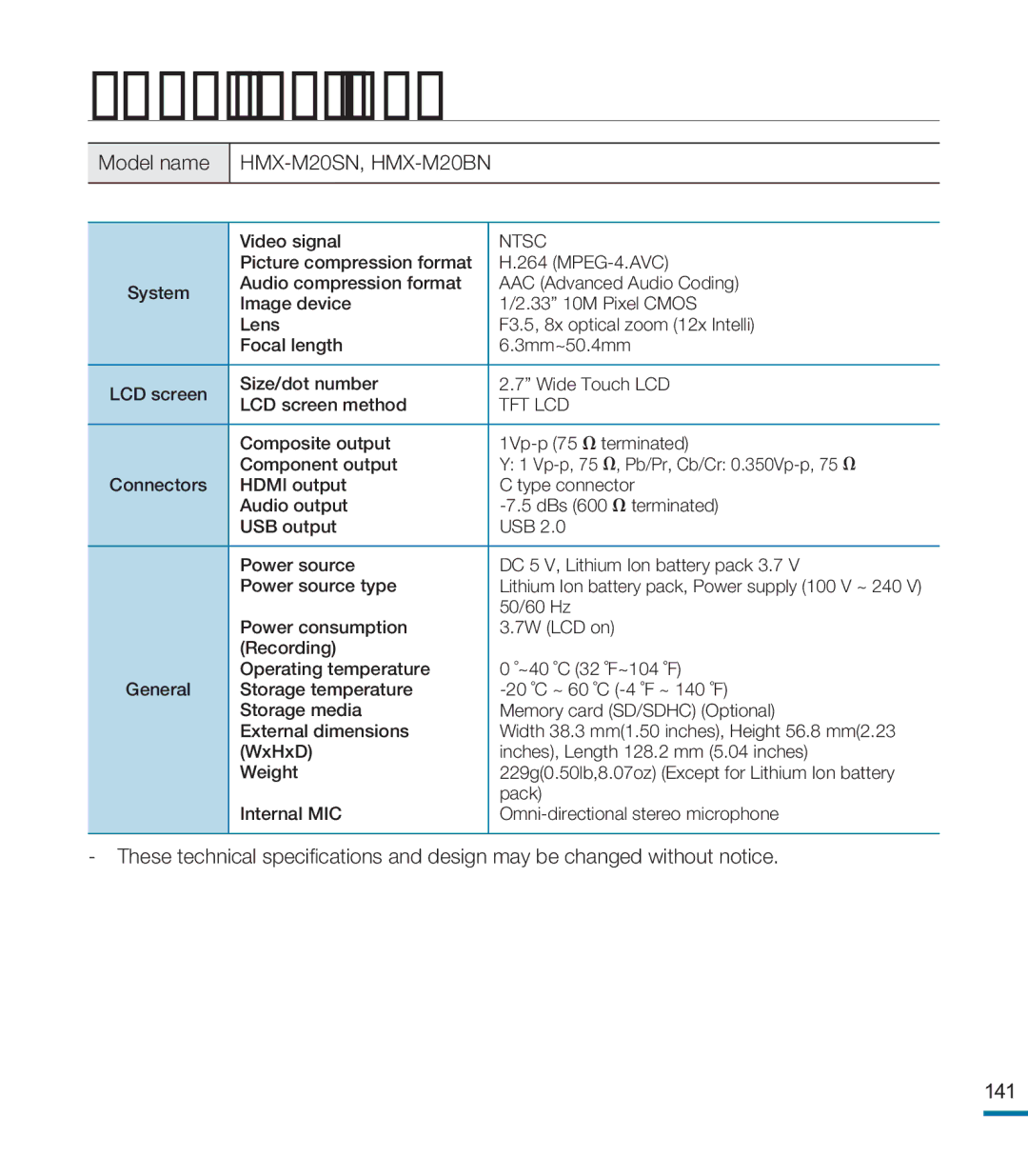 Samsung HMX-M20BN, HMX-M20N user manual Speciﬁcations, Model name 