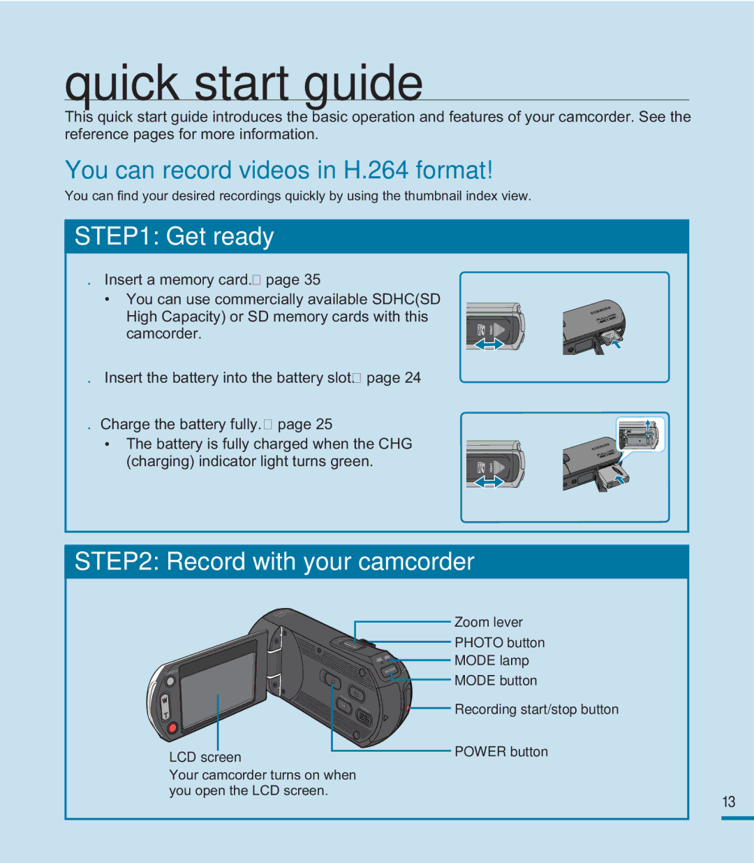 Samsung HMX-M20BN, HMX-M20N user manual Quick start guide, You can record videos in H.264 format 