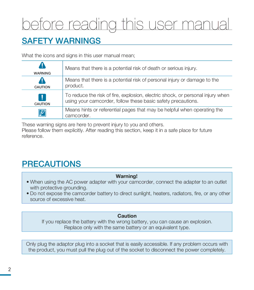 Samsung HMX-M20N, HMX-M20BN user manual Safety Warnings, Precautions, Product 