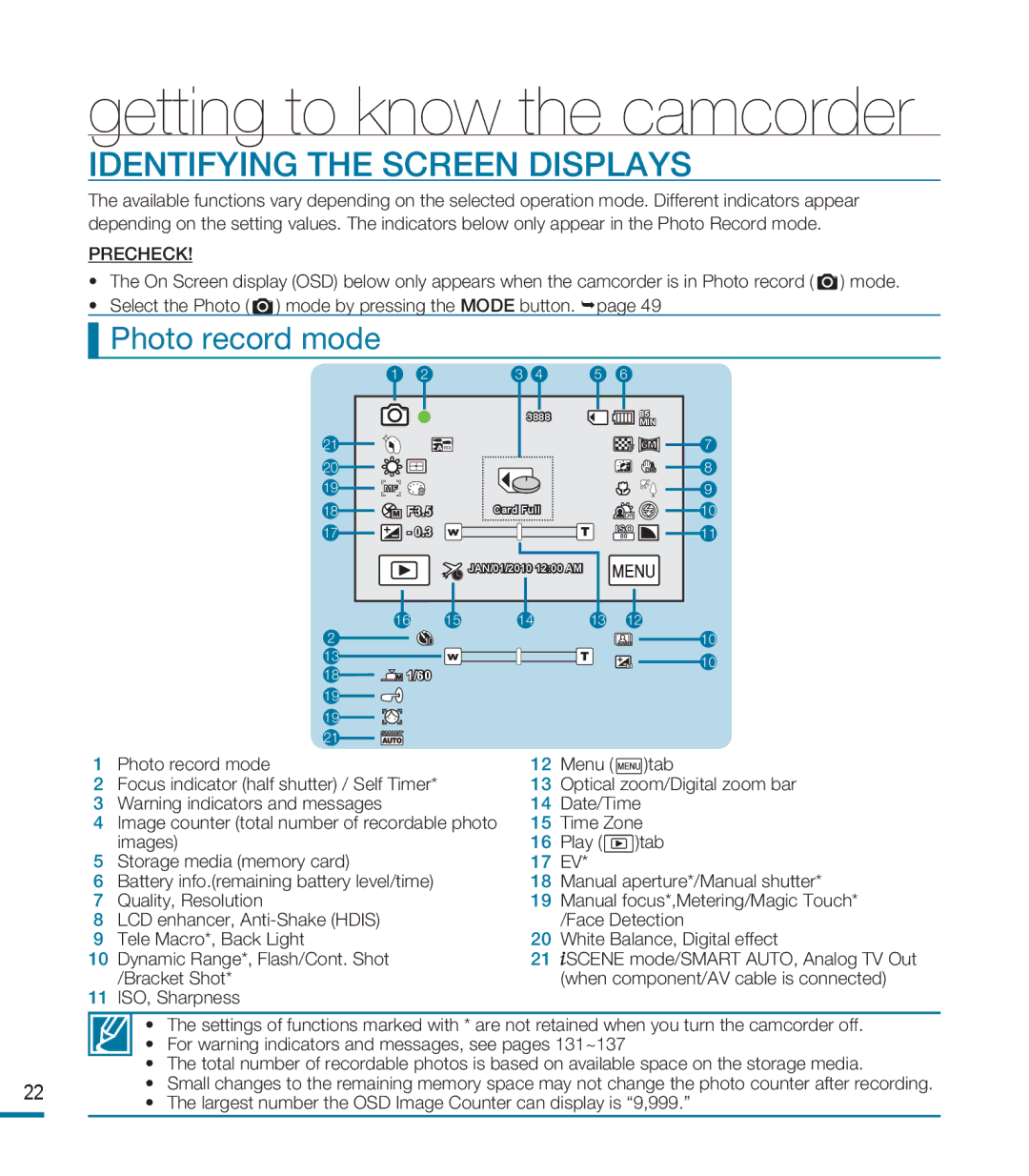 Samsung HMX-M20N, HMX-M20BN user manual Getting to know the camcorder 