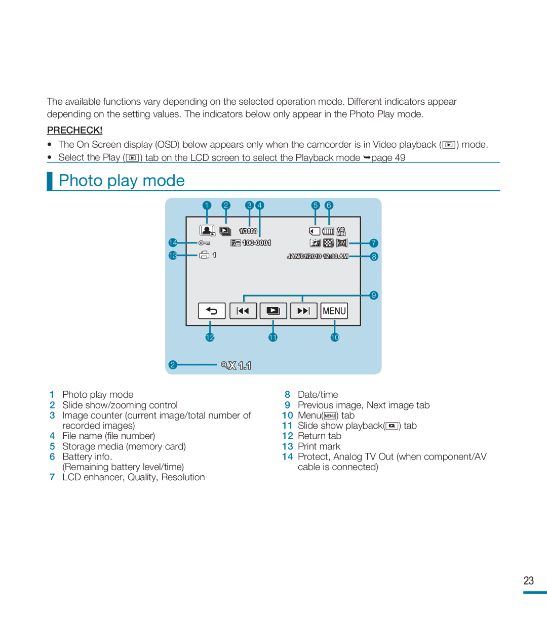 Samsung HMX-M20BN, HMX-M20N user manual Photo play mode 