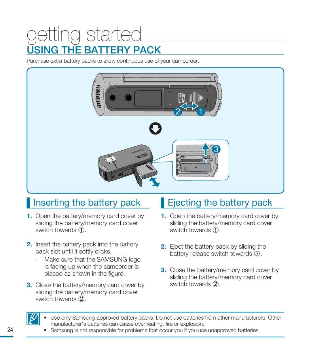 Samsung HMX-M20N, HMX-M20BN Getting started, Using the Battery Pack, Inserting the battery pack Ejecting the battery pack 