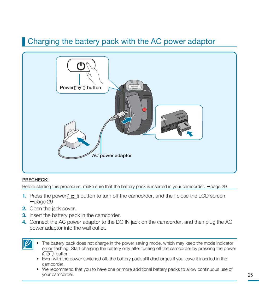 Samsung HMX-M20BN, HMX-M20N user manual Charging the battery pack with the AC power adaptor 