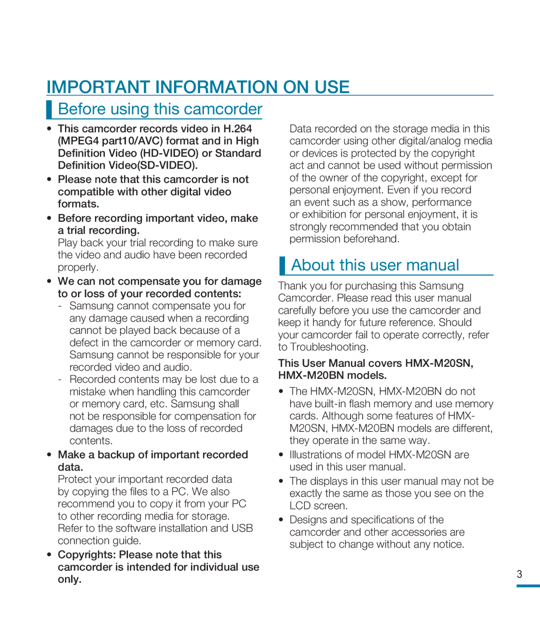 Samsung HMX-M20BN, HMX-M20N user manual Important Information on USE, Before using this camcorder 