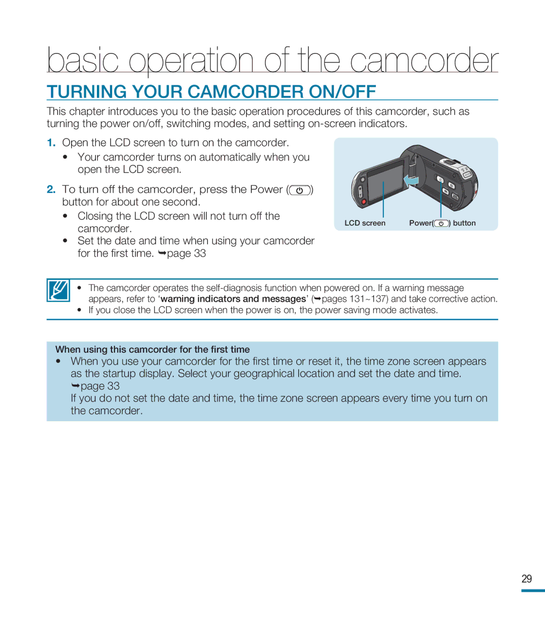 Samsung HMX-M20BN, HMX-M20N user manual Basic operation of the camcorder, Turning Your Camcorder ON/OFF 