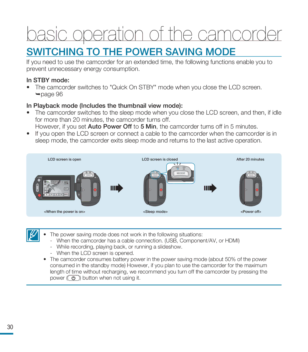 Samsung HMX-M20N, HMX-M20BN user manual Switching to the Power Saving Mode 