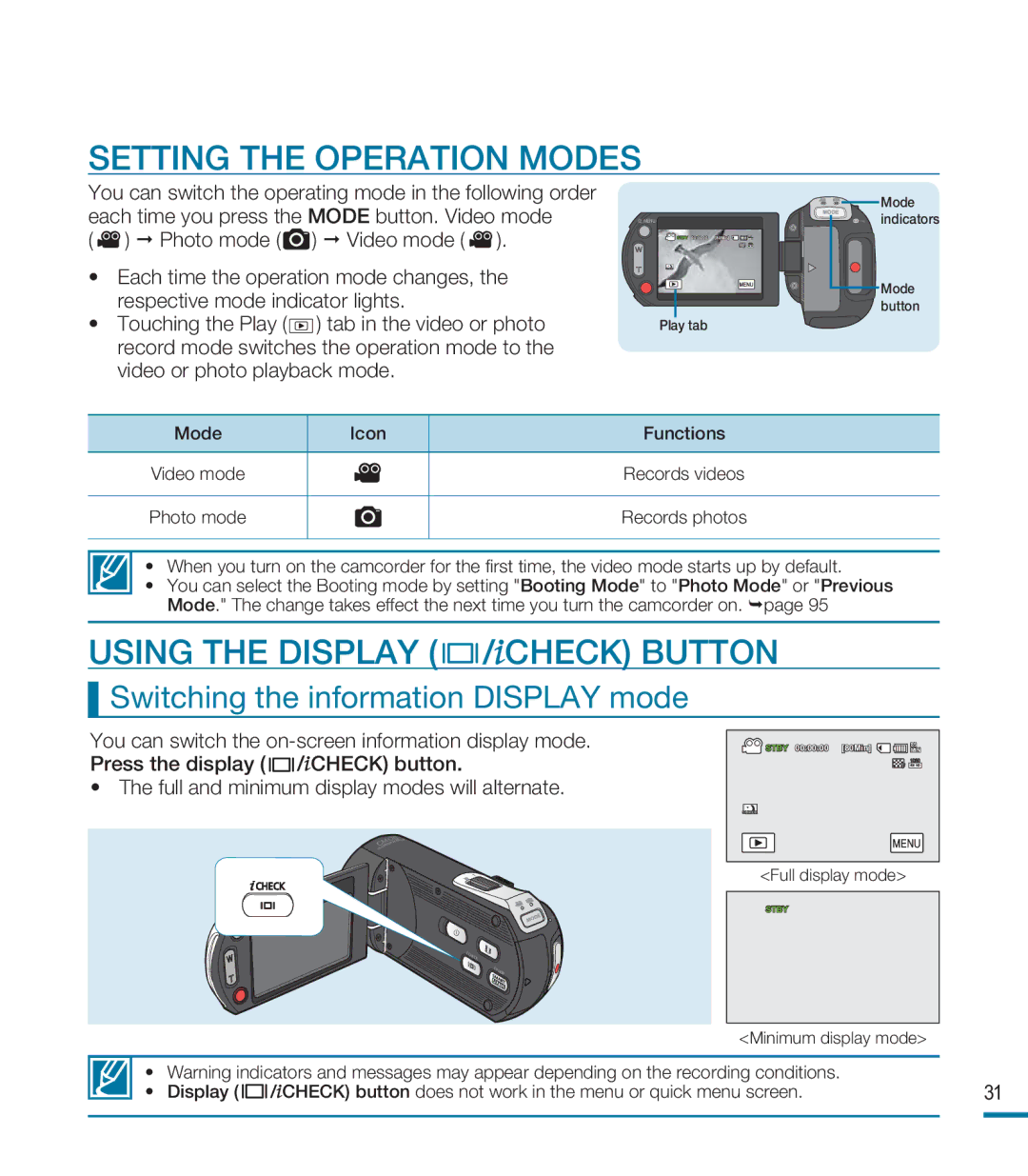 Samsung HMX-M20BN Setting the Operation Modes, Using the Display / Check Button, Switching the information Display mode 