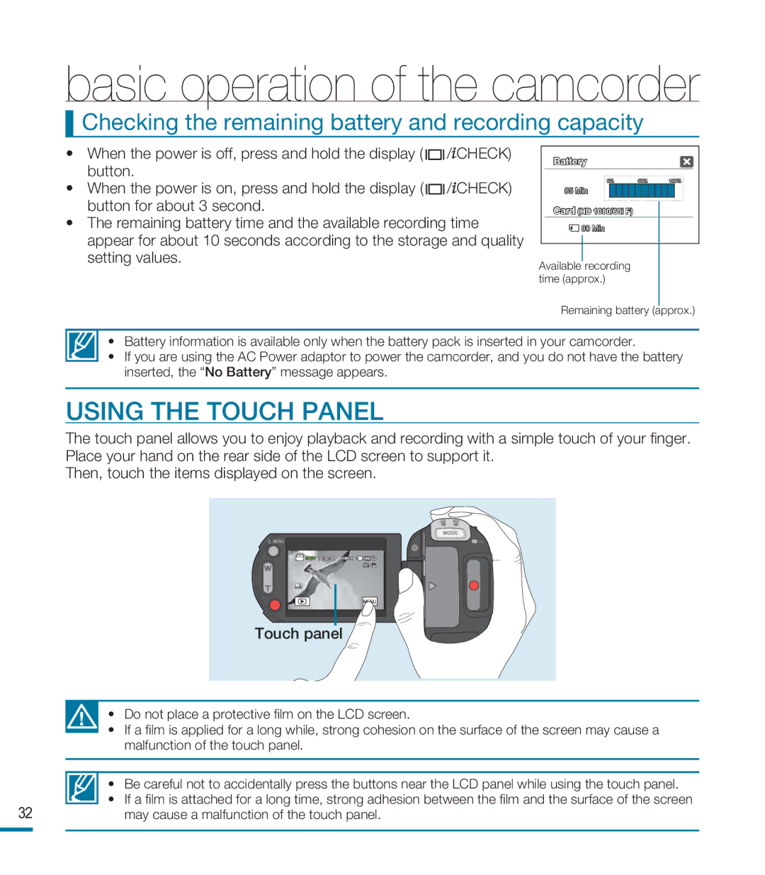 Samsung HMX-M20N, HMX-M20BN Using the Touch Panel, Checking the remaining battery and recording capacity, Touch panel 