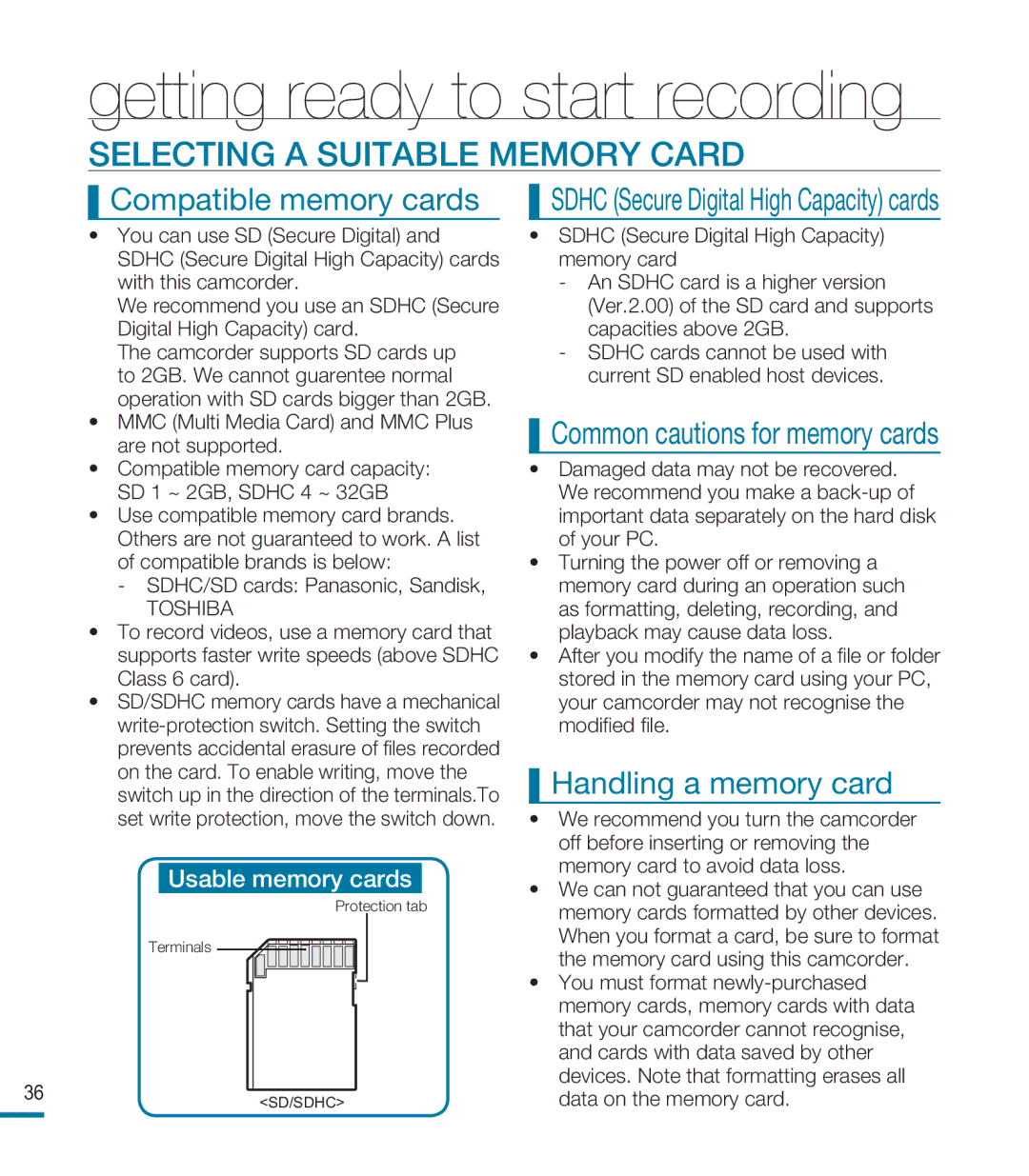 Samsung HMX-M20N, HMX-M20BN user manual Selecting a Suitable Memory Card, Compatible memory cards, Handling a memory card 