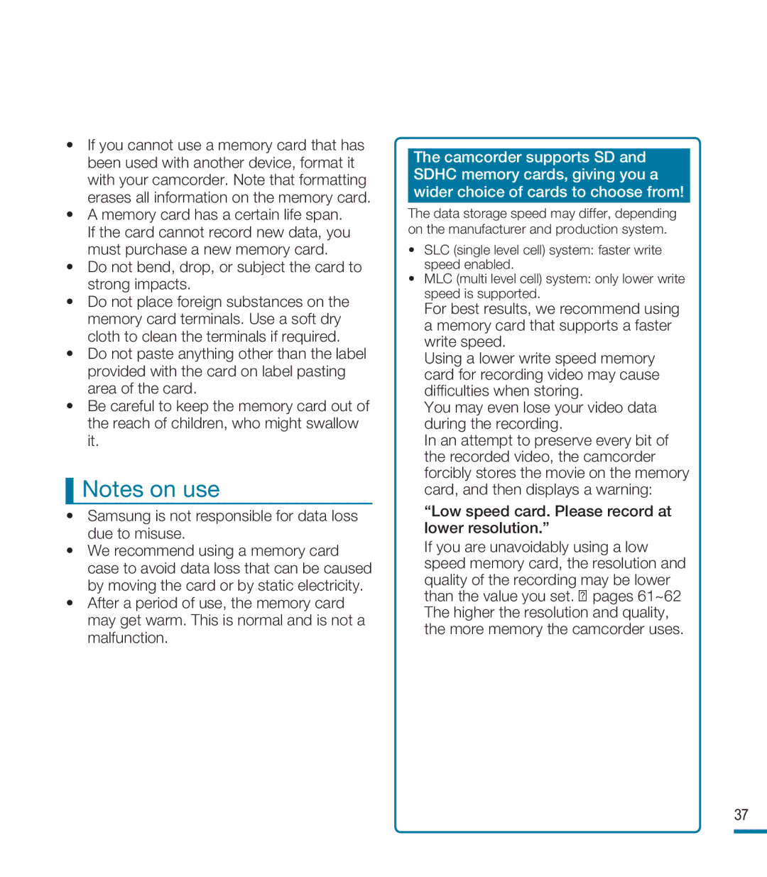 Samsung HMX-M20BN, HMX-M20N user manual Do not bend, drop, or subject the card to strong impacts 