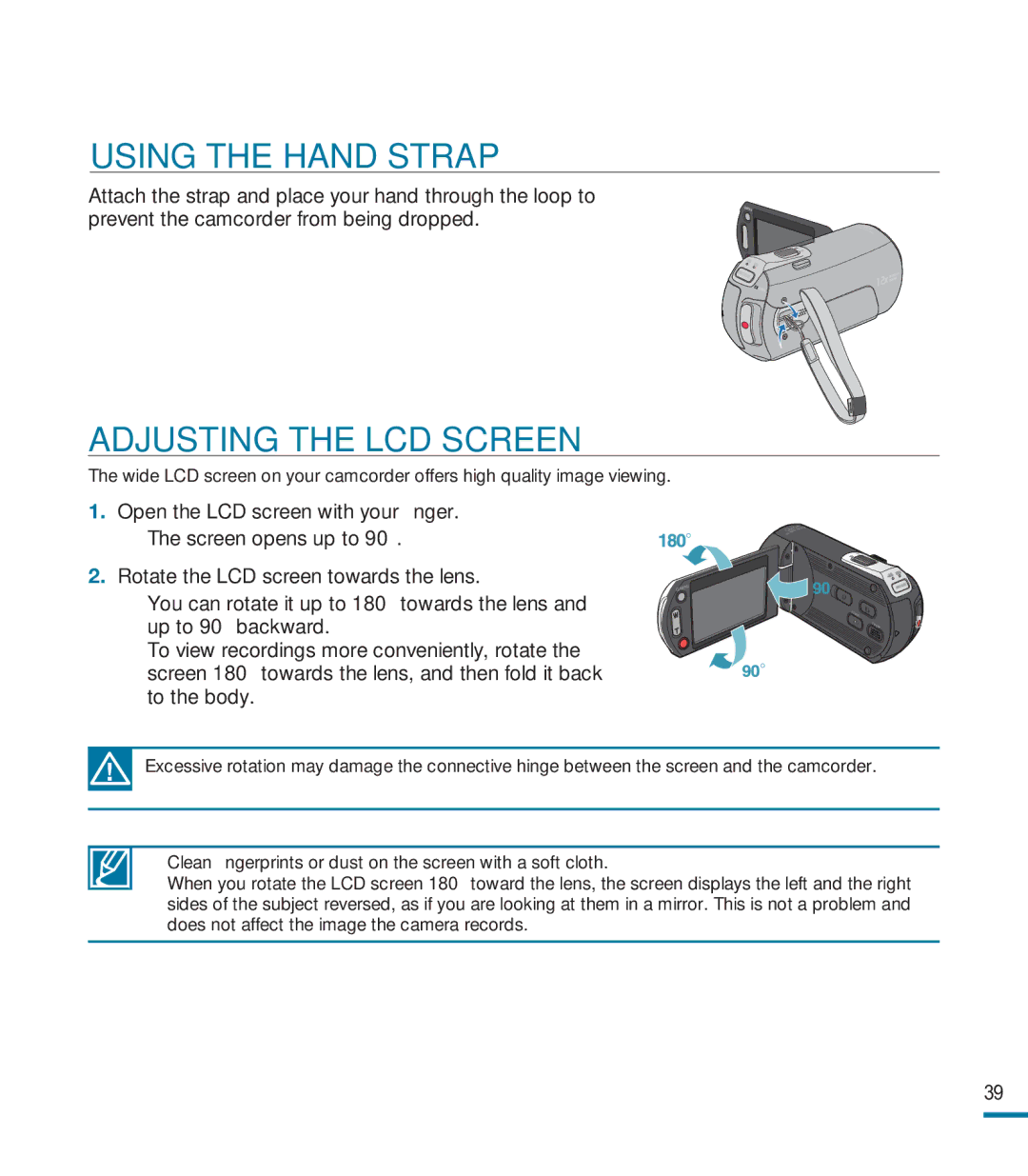 Samsung HMX-M20BN, HMX-M20N user manual Using the Hand Strap, Adjusting the LCD Screen 