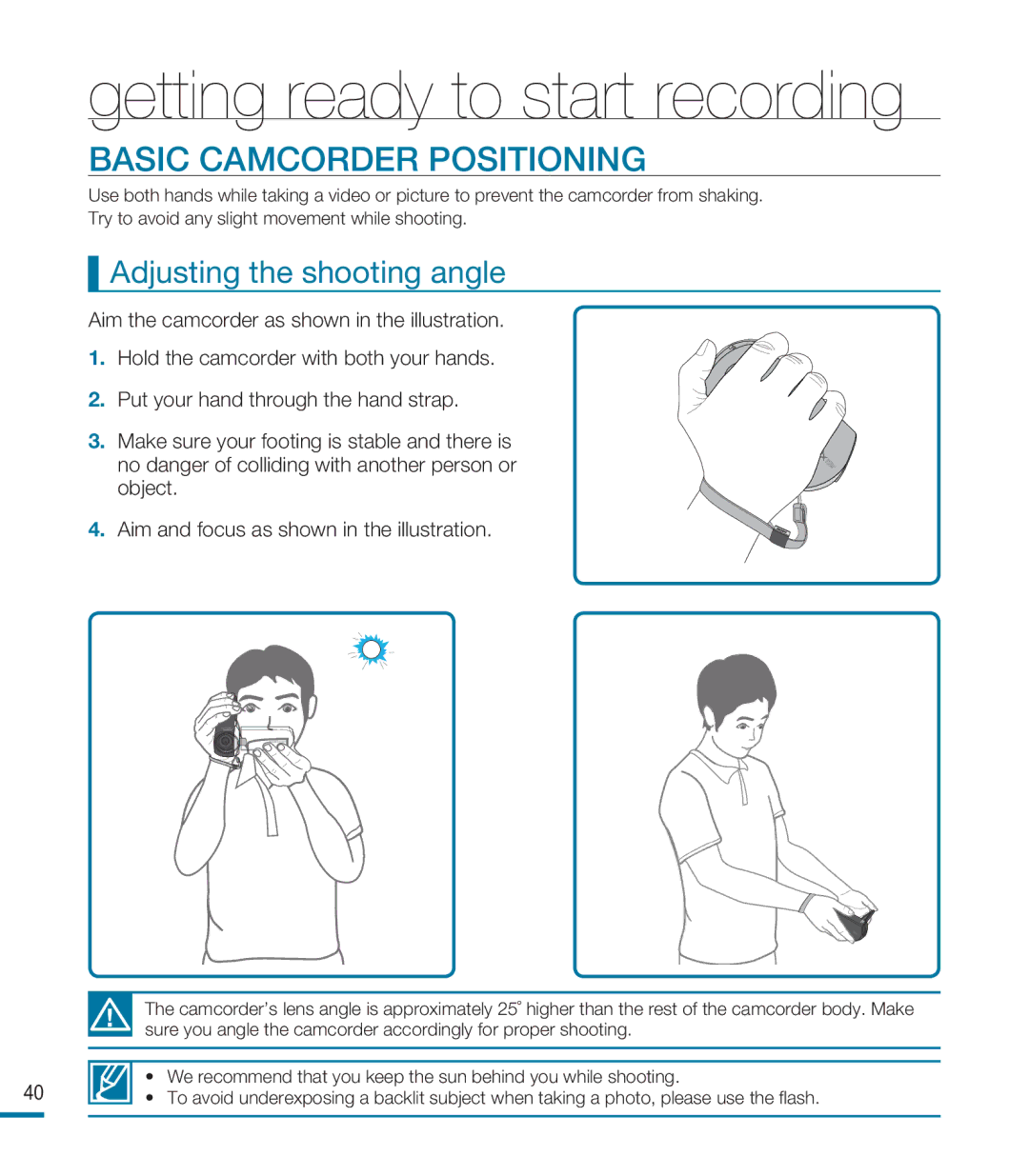 Samsung HMX-M20N, HMX-M20BN user manual Basic Camcorder Positioning, Adjusting the shooting angle 