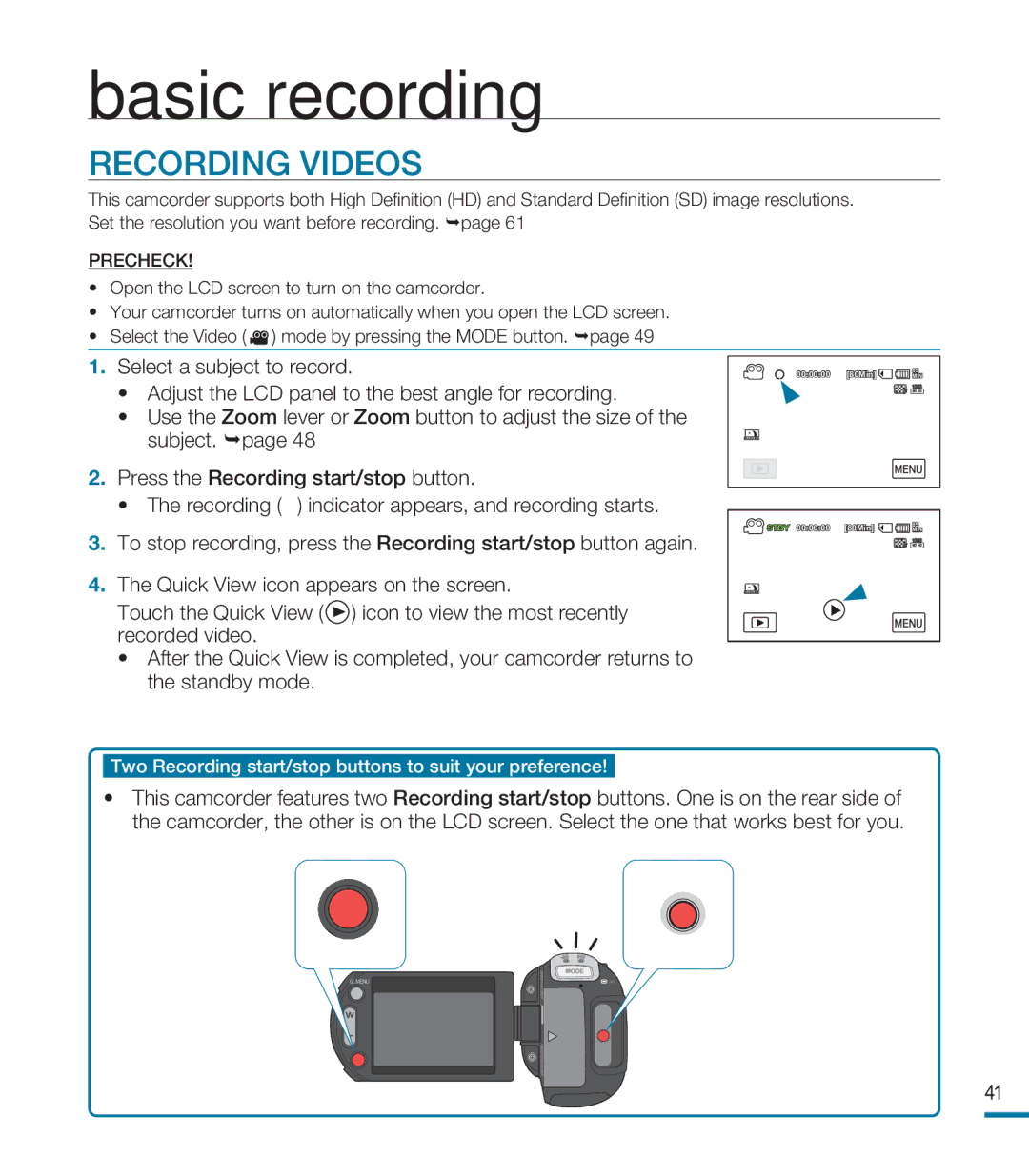 Samsung HMX-M20BN, HMX-M20N user manual Basic recording, Recording Videos 