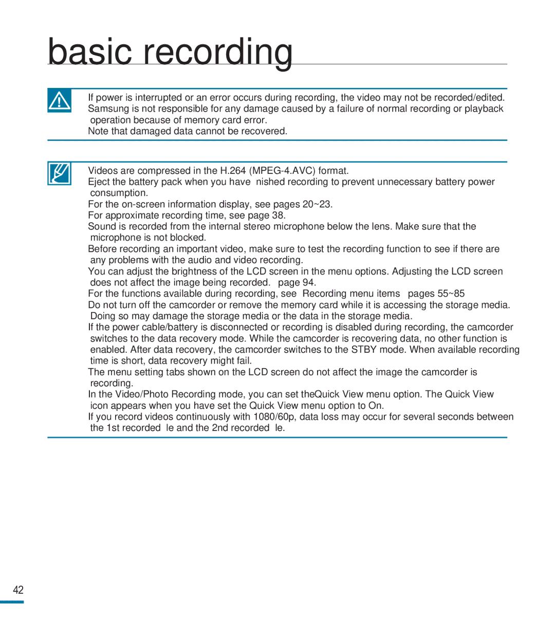 Samsung HMX-M20N, HMX-M20BN user manual Basic recording 