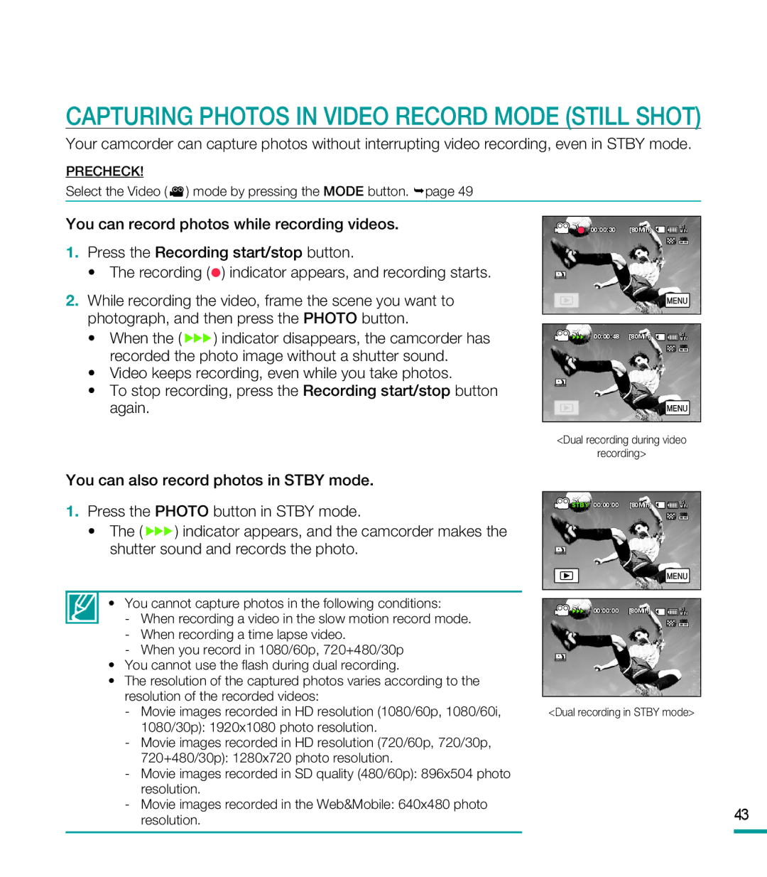 Samsung HMX-M20BN, HMX-M20N user manual Capturing Photos in Video Record Mode Still Shot 