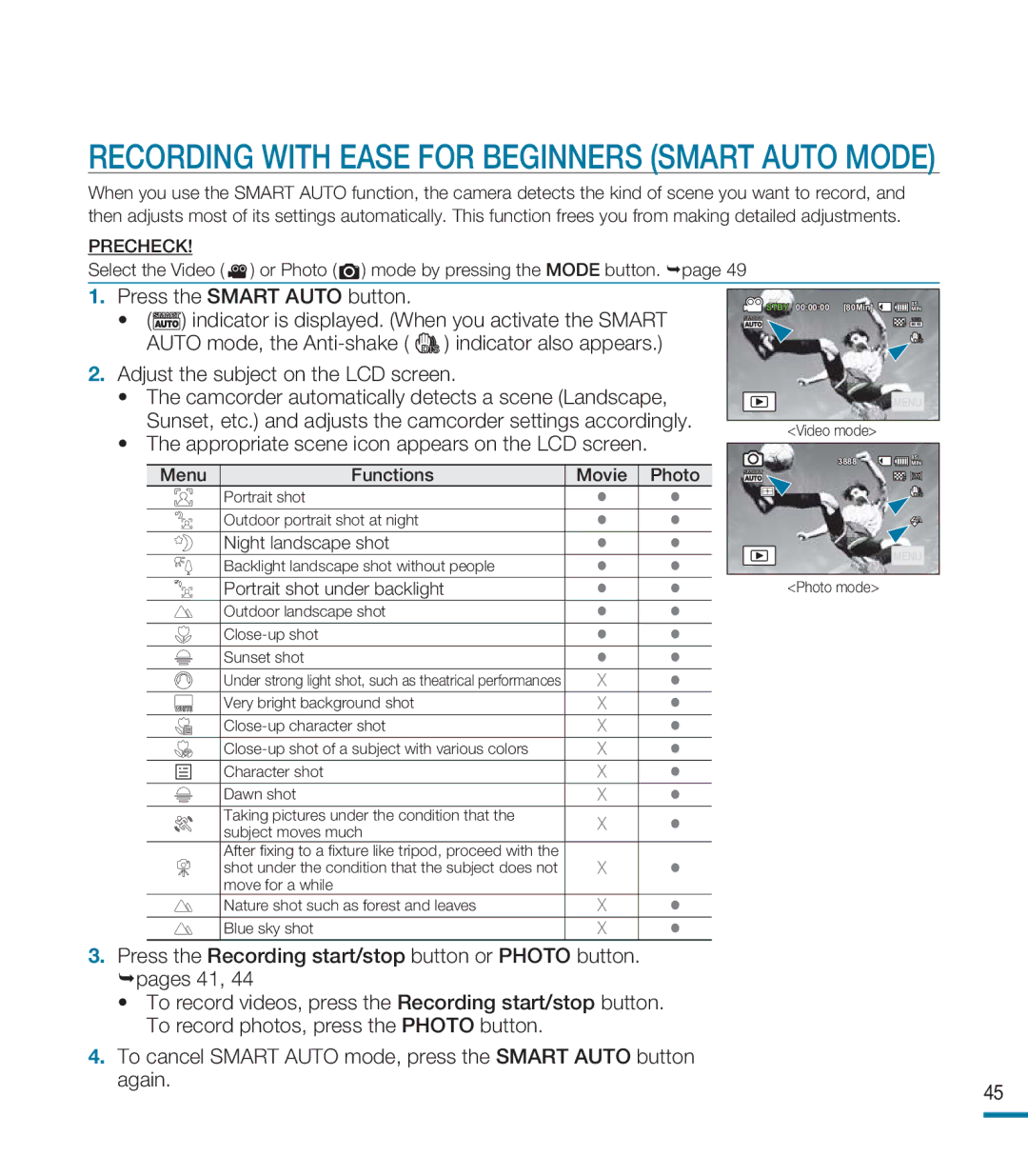 Samsung HMX-M20BN, HMX-M20N user manual Recording with Ease for Beginners Smart Auto Mode, Press the Smart Auto button 