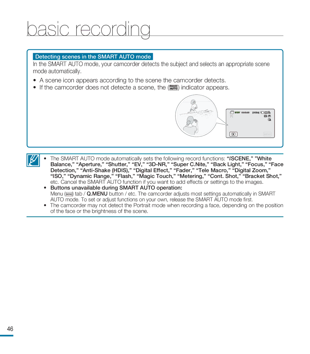 Samsung HMX-M20N, HMX-M20BN user manual Detecting scenes in the Smart Auto mode 